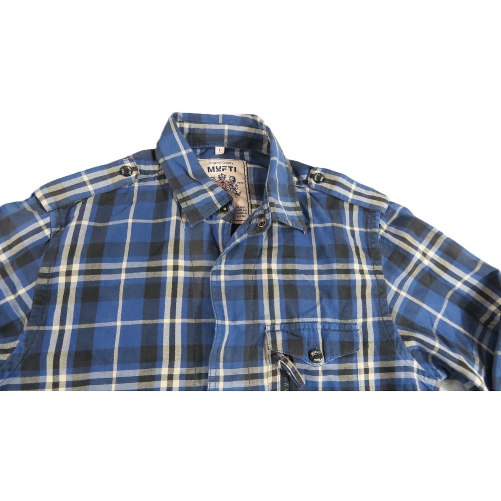 Mufti Shirt Men L Blue Plaid Check Zipper Pocket Epaulets Cotton Shacket Top EUC